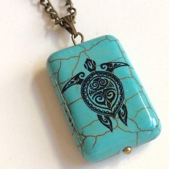 Turquoise Sea Turtle Necklace 24" Brass Plated Sea Life Nautical Island Beach - Picture 1 of 11